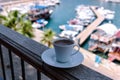 Old port of Kaleici from the restaurant with a cup of strong and hot Turkish coffee, Antalya, Turkey. Royalty Free Stock Photo