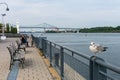 Old Port of Montreal. Clock Tower, Jacques Cartier Bridge and St. Lawrence River. Quebec, Canada Royalty Free Stock Photo