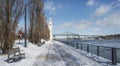 Montreal Clock Tower in the Old Port with a path beside the St-Lawrence seaway Royalty Free Stock Photo