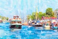 Old Port of Warnemunde at Baltic sea. Illustration of cityscape with boats and Warnow river Royalty Free Stock Photo