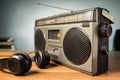 Old boombox radio with earphones