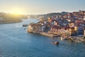 Porto city landscape. Douro river, boat at sunset, Portugal Royalty Free Stock Photo