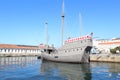 Old portuguese Man o\' war, portuguese caravel, caravela, european maritime military navigation ship Royalty Free Stock Photo