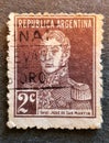 Old postage stamp from Argentina circa 1924 shows a national hero Jose de San Martin