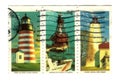 Old postage stamps from USA with Lighthouses Royalty Free Stock Photo