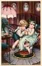 Old postcard with a child kissing the hand of a little girl in the belle epoque liberty style Royalty Free Stock Photo