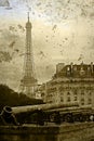 Old postcard with vintage cannons and Eiffel tower Royalty Free Stock Photo