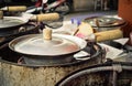 Old pots cooking on stove in the kitchen Royalty Free Stock Photo