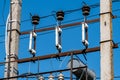 Old power lines for an old part of city with blue sky in the background Royalty Free Stock Photo