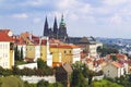 Old Prague panorcanama with sityscape of Hrady, St. Vitus Cathedral and red roofs, czech republic