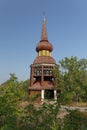 The old preserved wooden bell tower of Hasjo at the Skansen Museum. Stockholm. Sweden 08.2019