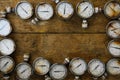 Old pressure gauge or damage pressure gauge of oil and gas industry on wooden background, Equipment of production process Royalty Free Stock Photo