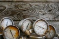 Old pressure gauge on wooden background and empty area for text, damage gauge from operation oil and gas production process Royalty Free Stock Photo