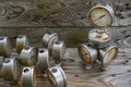 Old pressure gauge on wooden background and empty area for text, damage gauge from operation oil and gas production process Royalty Free Stock Photo