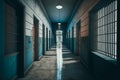 An old prison, long white and blue corridor with bars, Generative AI Royalty Free Stock Photo