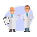 Old professor is holding tablet and smiling. Young scientist holds his hands at his hips and smiles. Vector characters