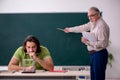 Old professor physicist and young student in the classroom