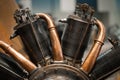 Old propeller airplane closeup details, motor of classic aviation