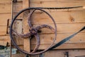 Old pulley in an old agricultural machine. Threshing machine, pu Royalty Free Stock Photo