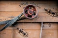 Old pulley in an old agricultural machine. Threshing machine, pu Royalty Free Stock Photo