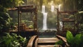 old pump Steam punk waterfall in tropical garden during spring of adventure, with a landscape of wooden bridge Royalty Free Stock Photo