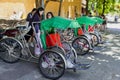 The Old Quarter, The Hanoi Street, rickshaw in the streets of Vietnam. Hanoi, Vietnam - june 11, 2019 Royalty Free Stock Photo