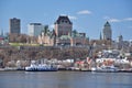 Old Quebec cityscape seen from Levis. Ferry on St-Lawrence river. Frontenac castle. Royalty Free Stock Photo