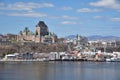 Old Quebec cityscape seen from Levis. Ferry on St-Lawrence river. Royalty Free Stock Photo