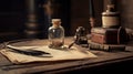 Old quill pen, and old paper blank sheet and vintage inkwell on wooden desk