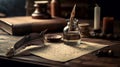 Old quill pen, and old paper blank sheet and vintage inkwell on wooden desk