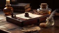 Old quill pen, and old paper blank sheet and vintage inkwell on wooden desk