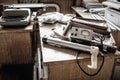 Old radiation measurement with radiation survey meter and Vintage type writing machine in abandoned room