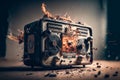 An old radio exploding with fire and sparks, Generative AI