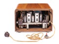 Old Radio, with 60 years of last century, on a white background, shot showing the interior of the electronics