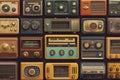 Old radios stacked on top of each other, ideal for a nostalgic or vintage-themed setting Royalty Free Stock Photo