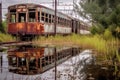 old railcars reflected in a serene pond nearby