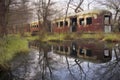 old railcars reflected in a serene pond nearby