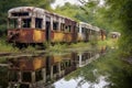 old railcars reflected in a serene pond nearby