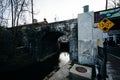 Old railroad bridge and creek in downtown Ellicott City, Marylan Royalty Free Stock Photo