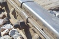 Old railroad tracks, closeup of photo