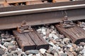 Old railroad tracks on wooden sleepers with some rust at places, closeup detail Royalty Free Stock Photo