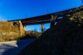 Old railway bridge used in mountains. Spring landscape