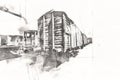 Old railway freight wagon, train, art, illustration, drawing, sketch, antique, retro, vintage.