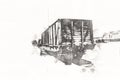 Old railway freight wagon, train, art, illustration, drawing, sketch, antique, retro, vintage.