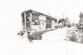 Old railway freight wagon, train, art, illustration, drawing, sketch, antique, retro, vintage.