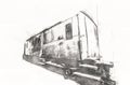 Old railway freight wagon, train, art, illustration, drawing, sketch, antique, retro, vintage.