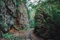 Old railway or railroad or train tracks among mountains in tropical forest in summer Royalty Free Stock Photo