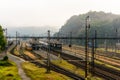 Old railway station in fog in Beroun