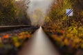 Old railway track in a forest between fall foliage with a mist Royalty Free Stock Photo