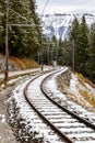 Old railways on edge of mountain covered by snow Royalty Free Stock Photo